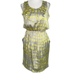 New Emmelee Dot Print Satin Ruffle Sleeveless Mini Dress Yellow Grey Size Small